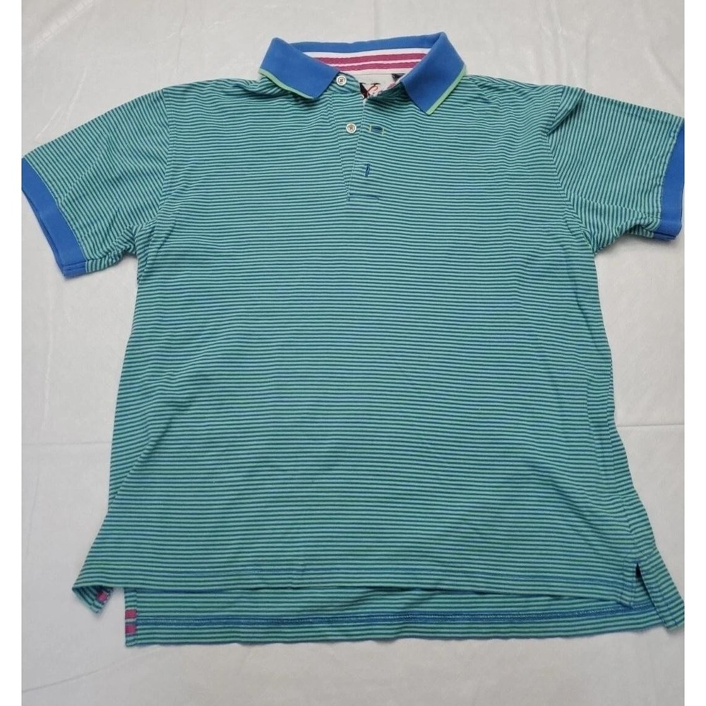 Robert Graham X Polo Shirt Mens Large Green Blue Striped Contrast Collar Stretch